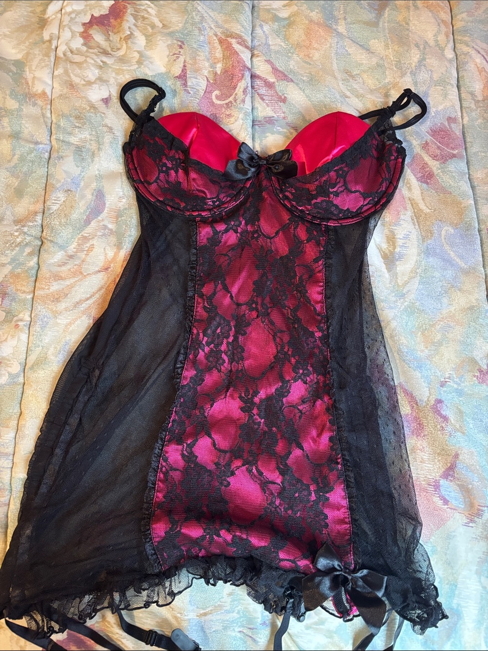 Black & Fuchsia Lace Chemise with Satin Accents